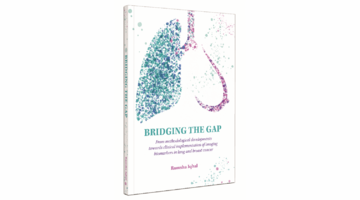 Omslag proefschrift 'Bridging the gap: From methodological developments towards clinical implementation of imaging biomarkers in lung and breast cancer'