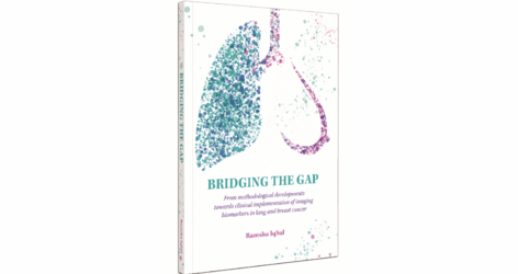 Omslag proefschrift 'Bridging the gap: From methodological developments towards clinical implementation of imaging biomarkers in lung and breast cancer'