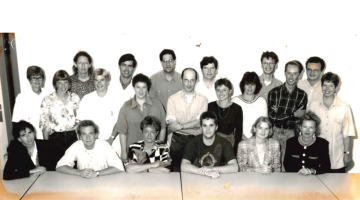 Foto (zwart-wit) team van de Polikliniek Familiaire Tumoren van het AVL in 1996
