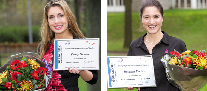 Portretfoto (kleur) van Emmy Fleuren en Duveken Fontein met de prijs Oncologieproefschrift van het jaar
