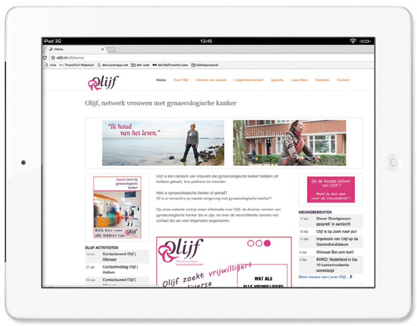 Screenshot homepage van Stichting Olijf op iPad