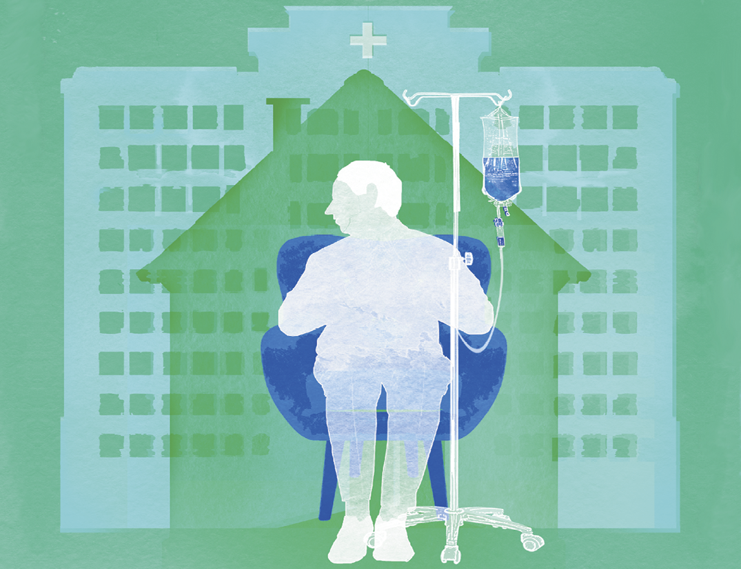Symbolische illustratie (kleur) immuuntherapie thuis of in het ziekenhuis