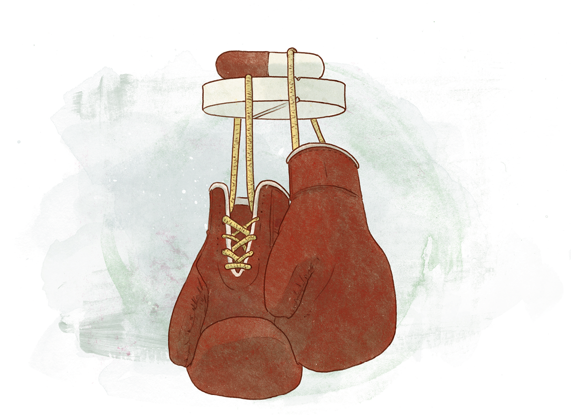 Illustratie (kleur) boxhandschoenen en een pil
